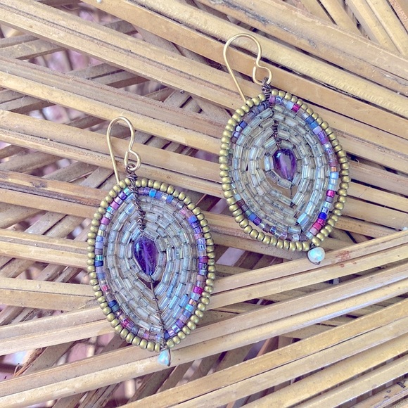 Vintage Hand Beaded Artisan Earrings - Picture 1 of 9